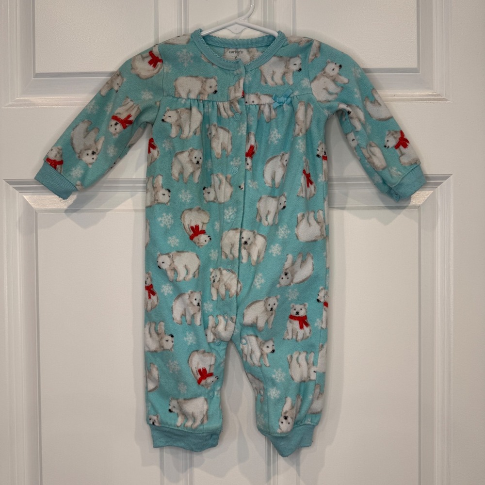 Carters Baby Girls Blue Polar Bear Fleece Snap Up Pajamas Size 6 Months